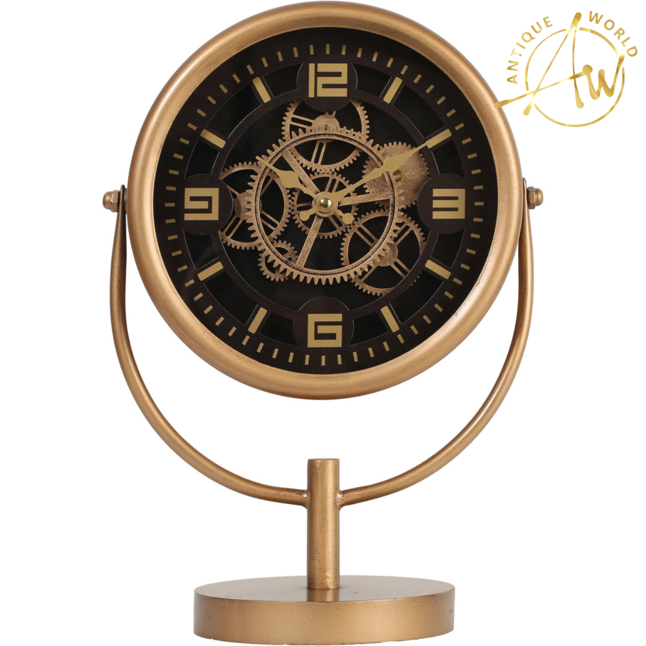 Gold Metal Moving Gears Stem Desk Clock