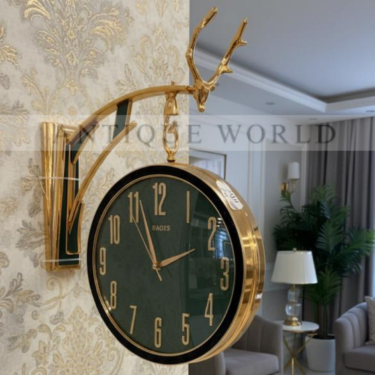 Luxury Deer Head Round Wall Hanging Double Sided Retro Station Wall Clock