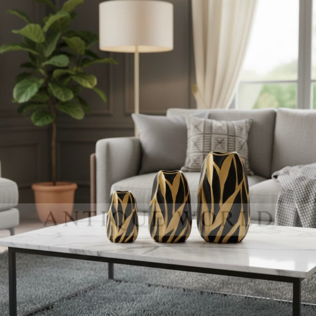 Iris Black & Gold Carved Vase ( Set of 3 )