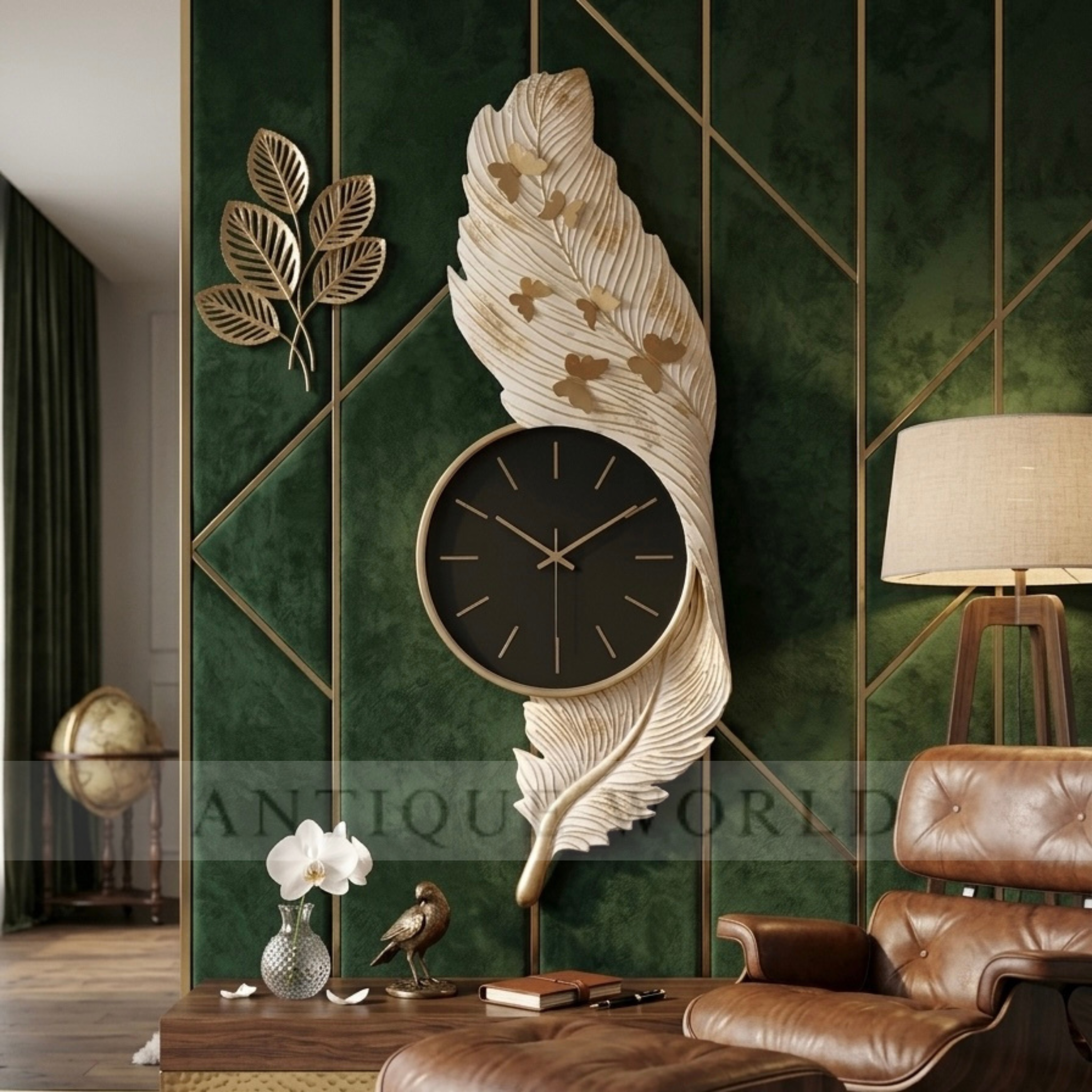 Gold Butterflies Feather Elegance Wall Clock