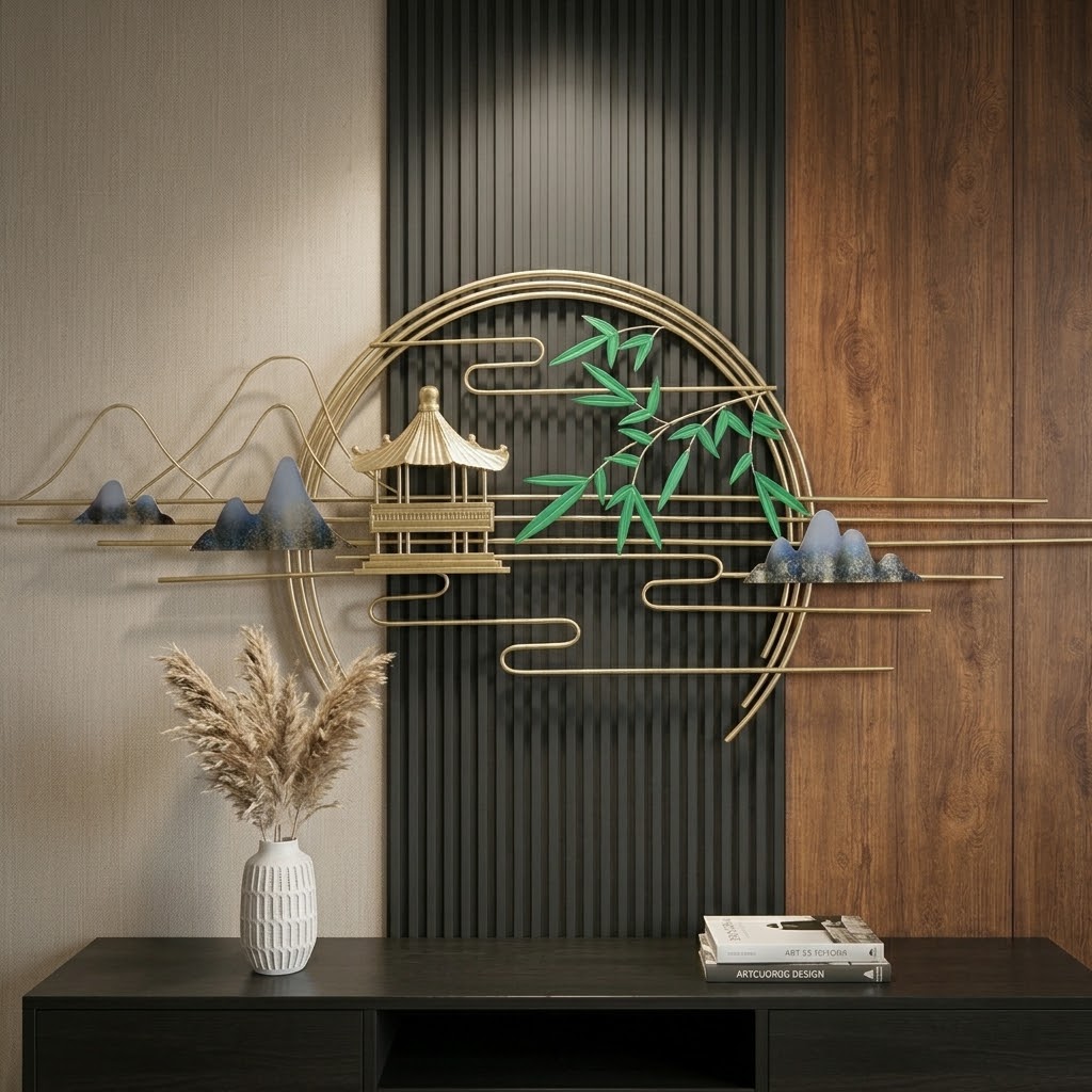 Golden Zen Pavilion Elegance Metal Wall Art