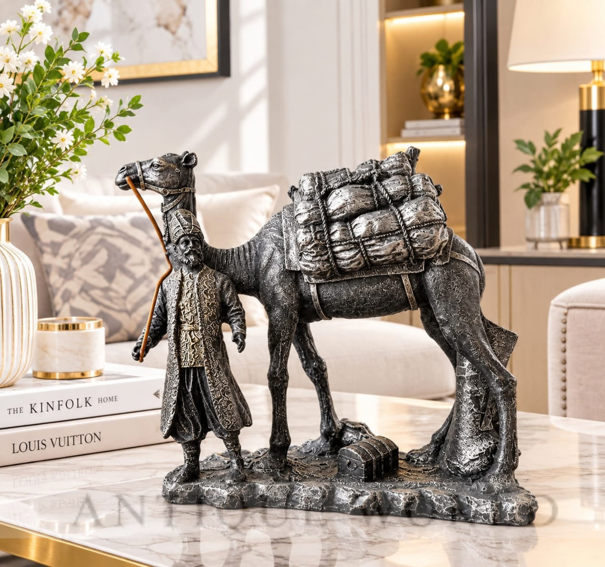 Traditional Traveler & Camel Statue with Treasure Load
