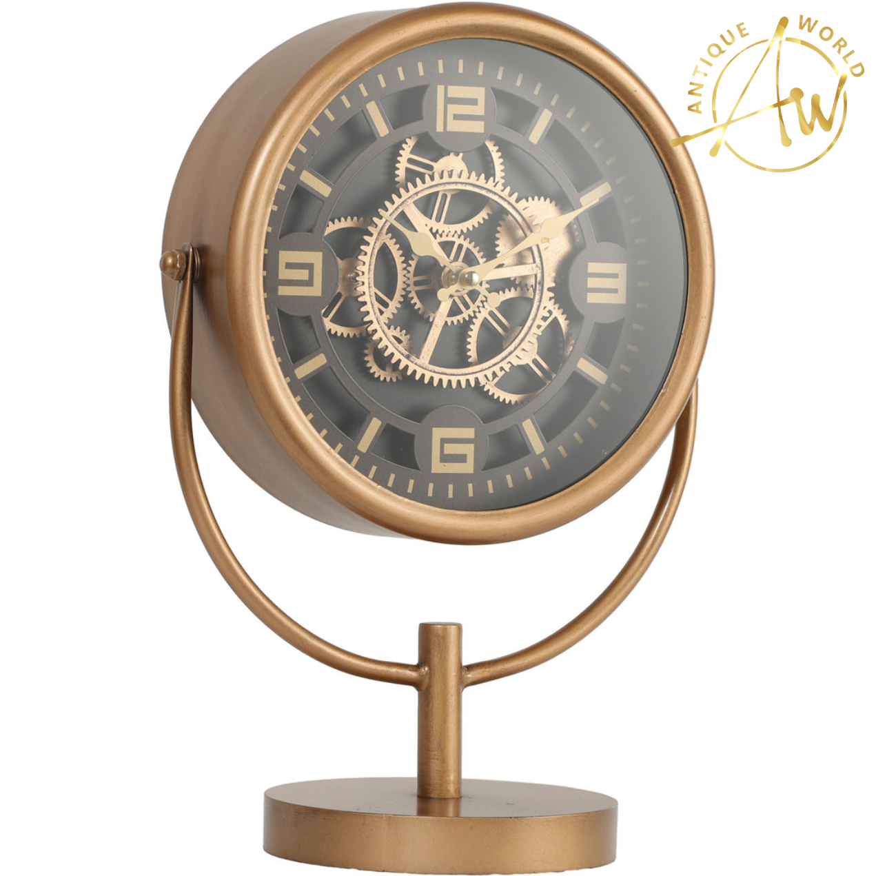 Gold Metal Moving Gears Stem Desk Clock