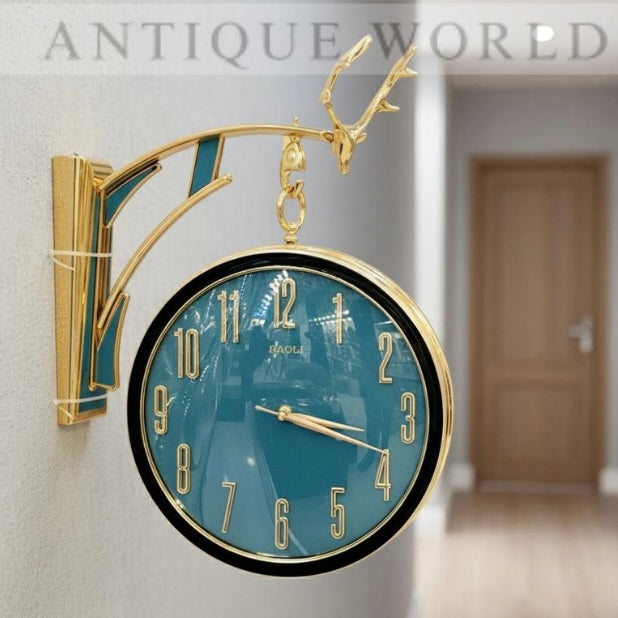 Luxury Deer Head Round Wall Hanging Double Sided Retro Station Wall Clock