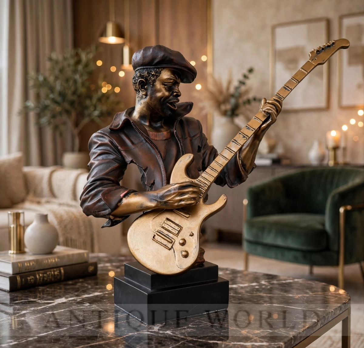 Golden Guitarist Elegance Sculpture.