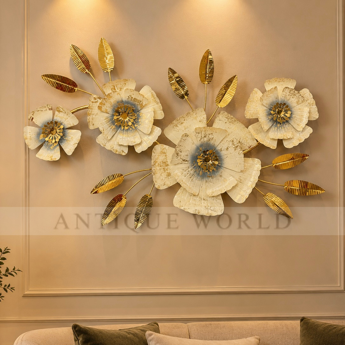 Luxury Golden & Ivory Floral Metal Wall Hanging