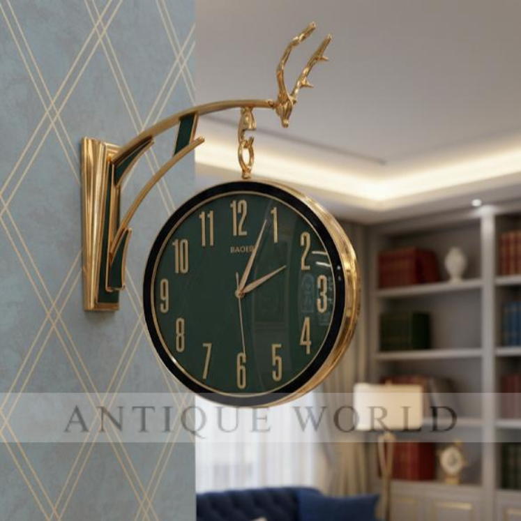 Luxury Deer Head Round Wall Hanging Double Sided Retro Station Wall Clock