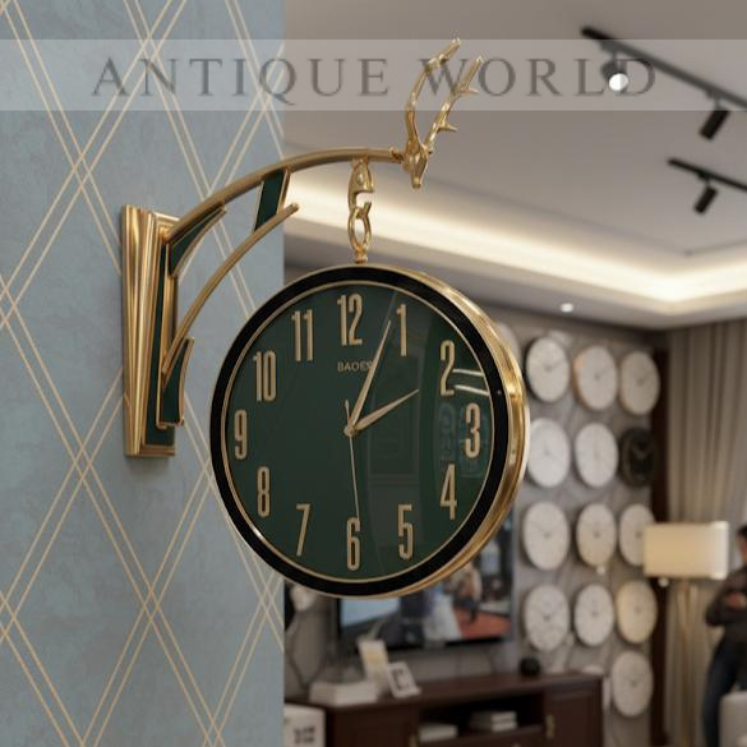 Luxury Deer Head Round Wall Hanging Double Sided Retro Station Wall Clock
