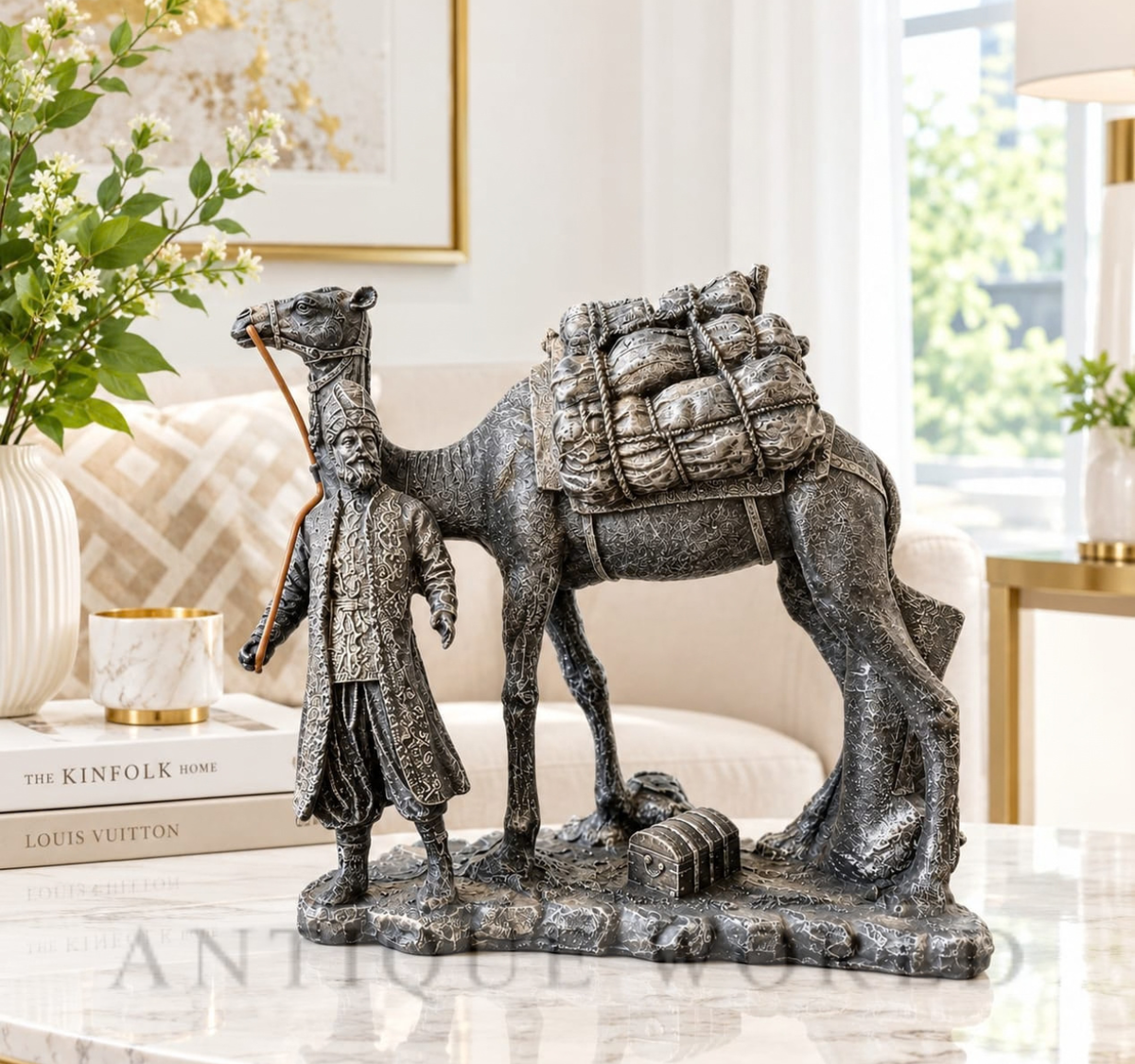 Traditional Traveler & Camel Statue with Treasure Load