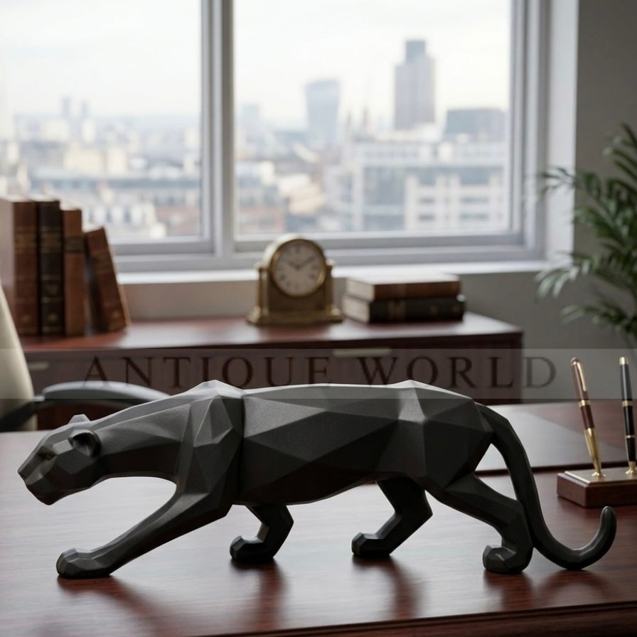 Geometric Crackle-Finish Panther Sculpture