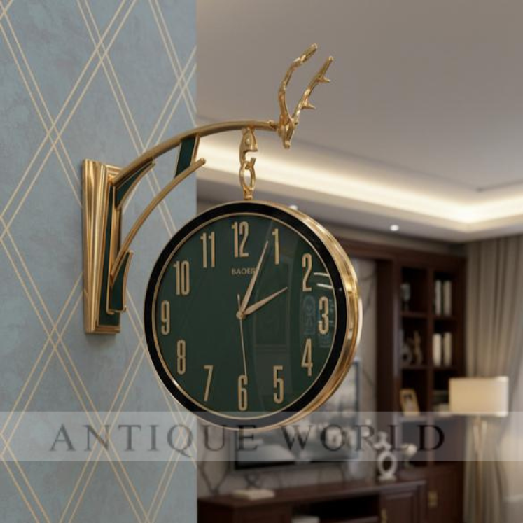 Luxury Deer Head Round Wall Hanging Double Sided Retro Station Wall Clock