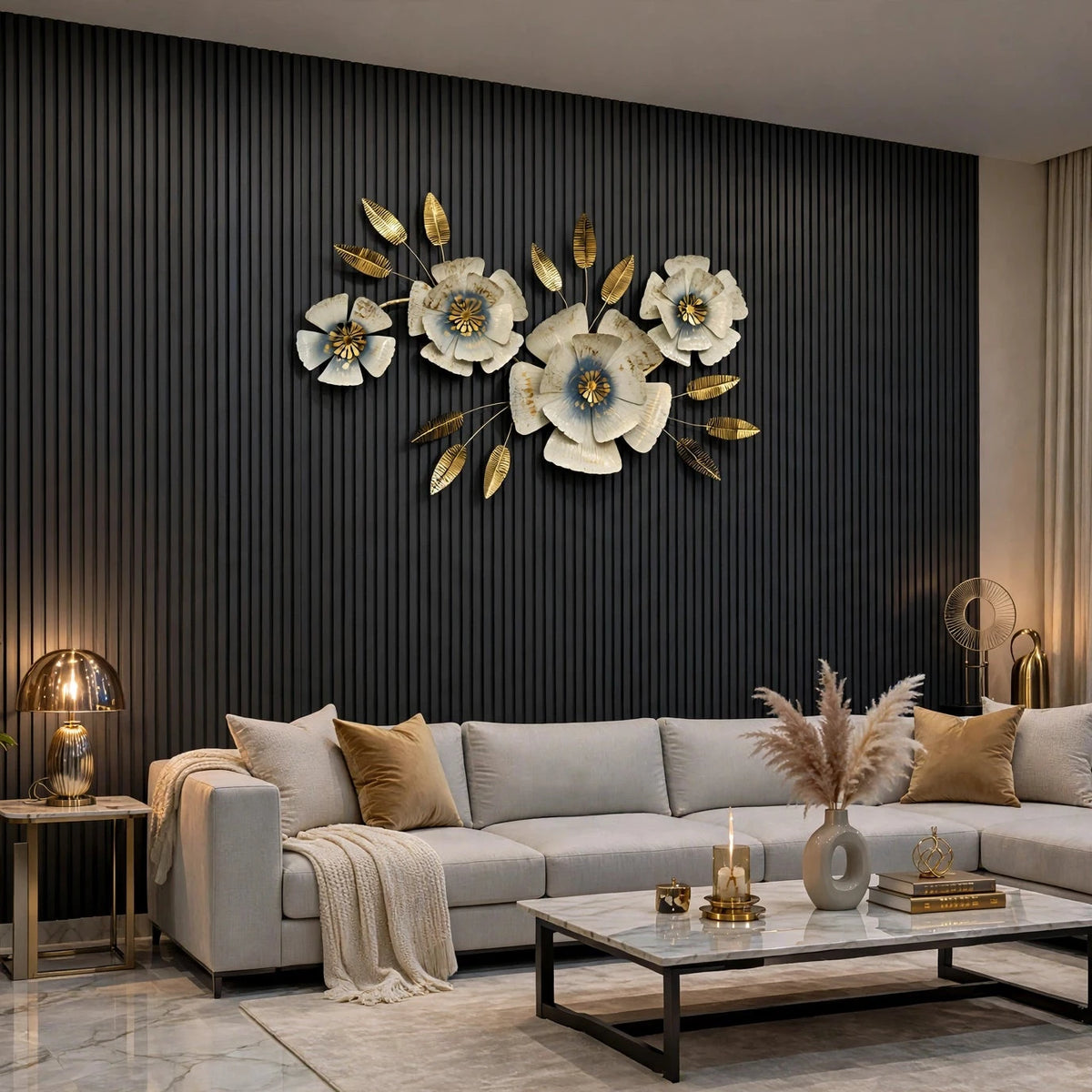 Luxury Golden & Ivory Floral Metal Wall Hanging