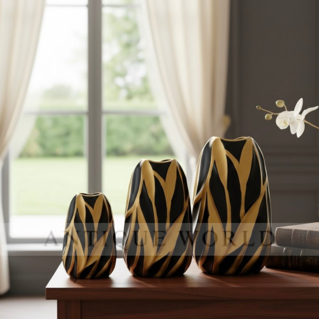 Iris Black & Gold Carved Vase ( Set of 3 )