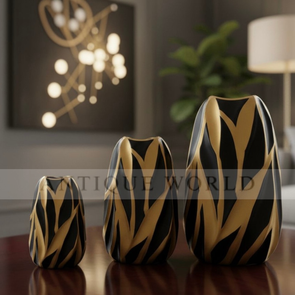 Iris Black & Gold Carved Vase ( Set of 3 )