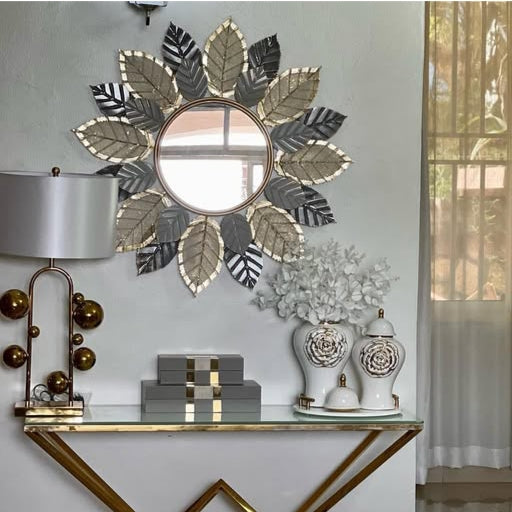 Greyish Gold Metal Leafy Round Wall Mirror