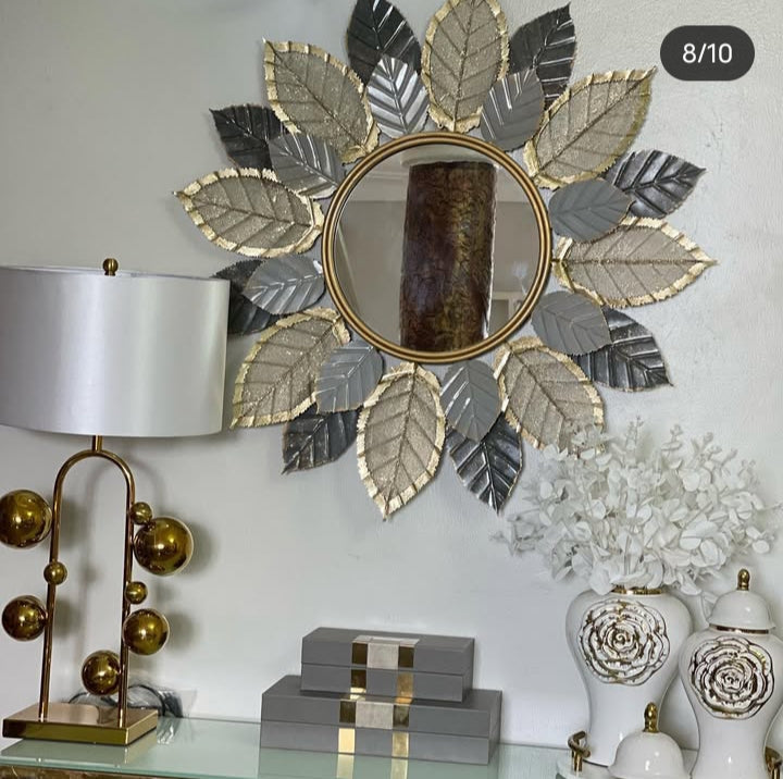 Greyish Gold Metal Leafy Round Wall Mirror
