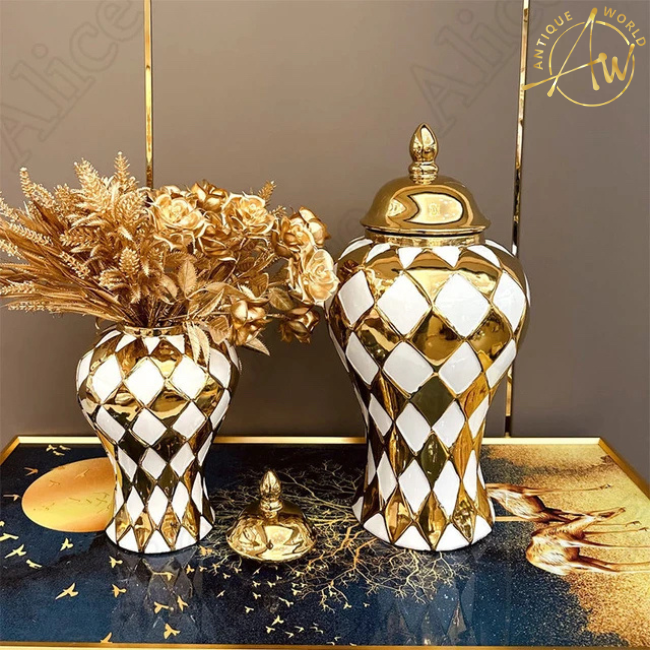 Electroplated Golden Ceramic Flower Vase ( Set of 2 )