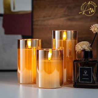 Simile Gold Glass Flameless Candles Flickering ( Set of 3 )