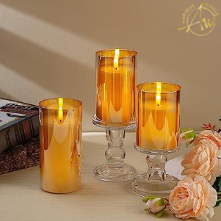 Simile Gold Glass Flameless Candles Flickering ( Set of 3 )