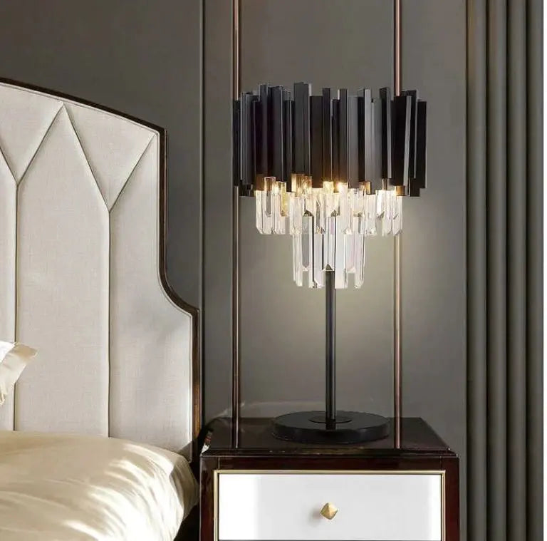 Metal Black Table Lamp with White Crystal Bars
