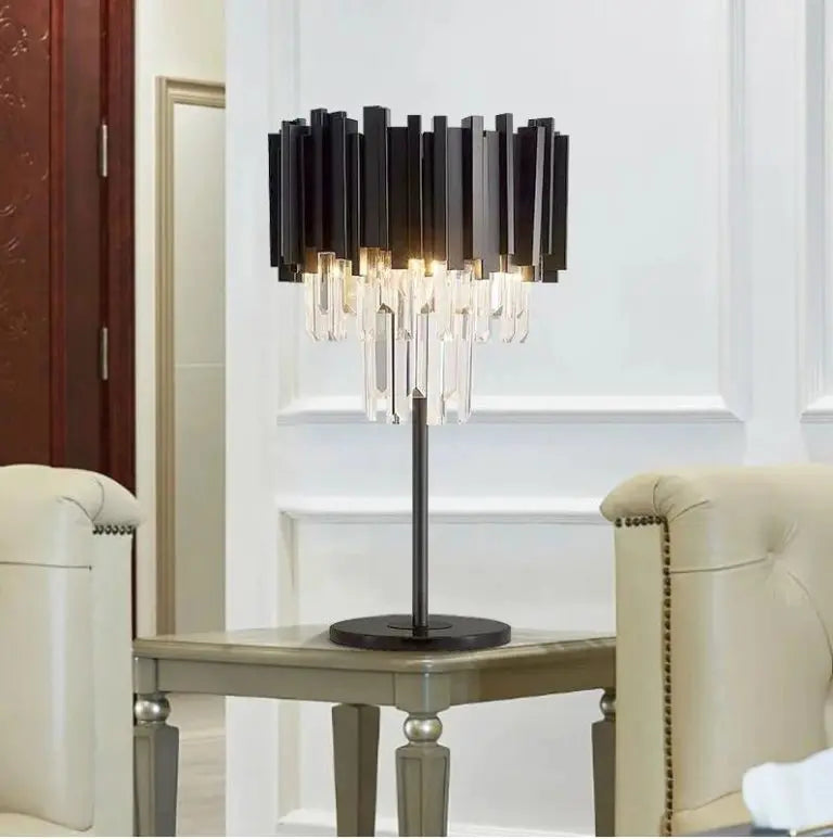 Metal Black Table Lamp with White Crystal Bars