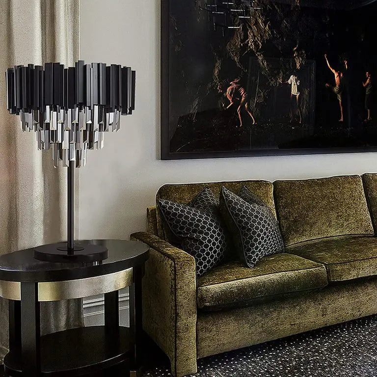 Metal Black Table Lamp with White Crystal Bars