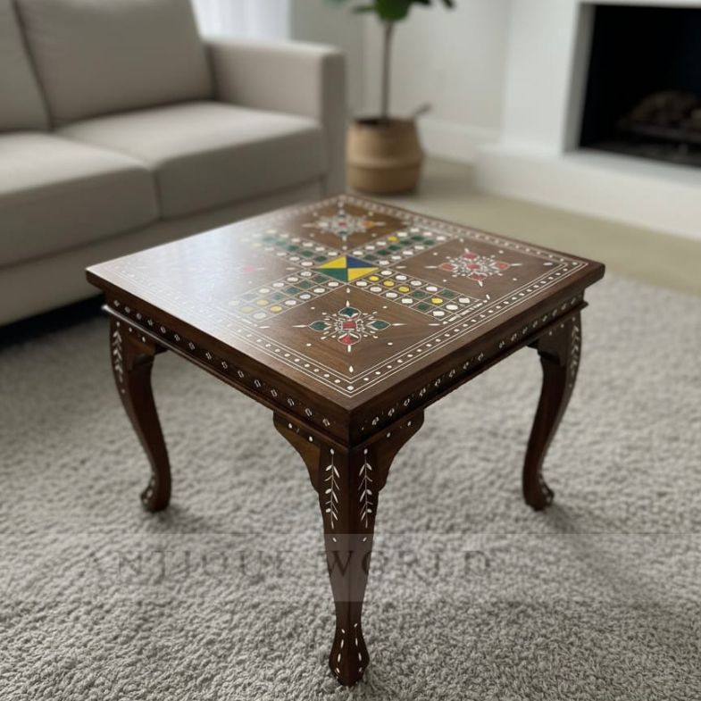 Artisanal Wooden Ludo Table with Cabriole Legs