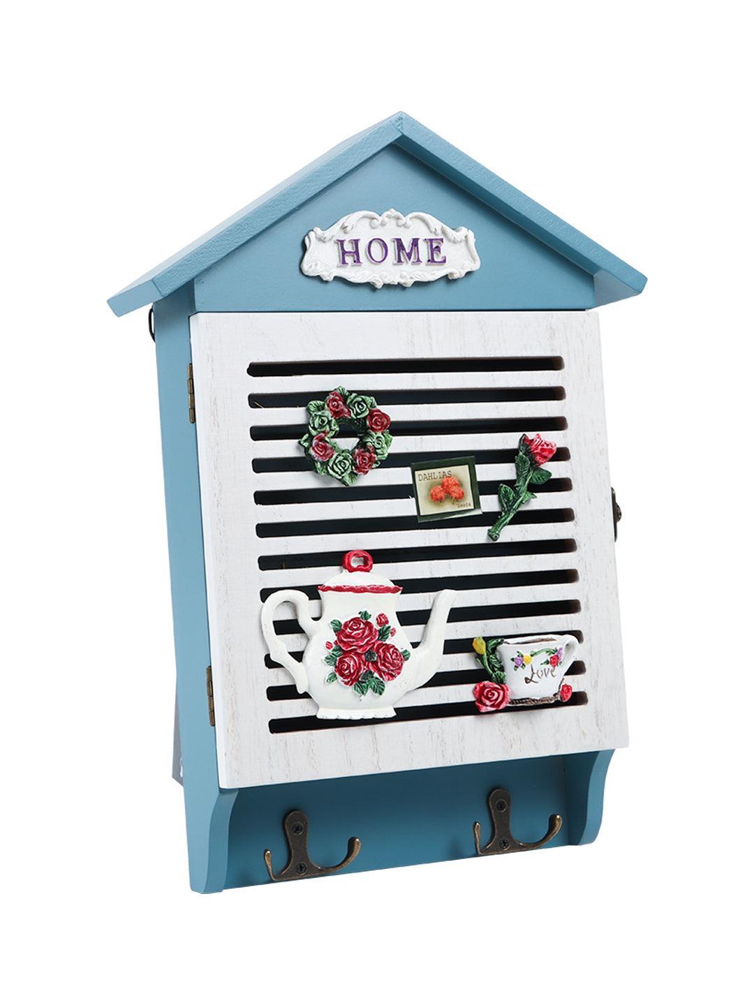 Blue & White Wood House Shaped Key Box Organiser