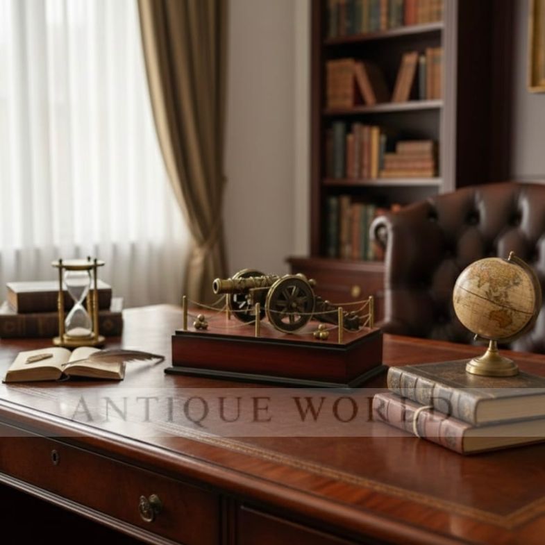 Decorative Antique-Style Brass Cannon Model on Wooden Base