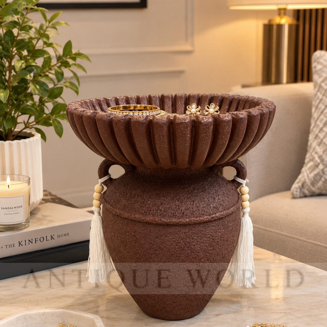 Decorative Textured Urn-Style Bowl with Tassel Accents