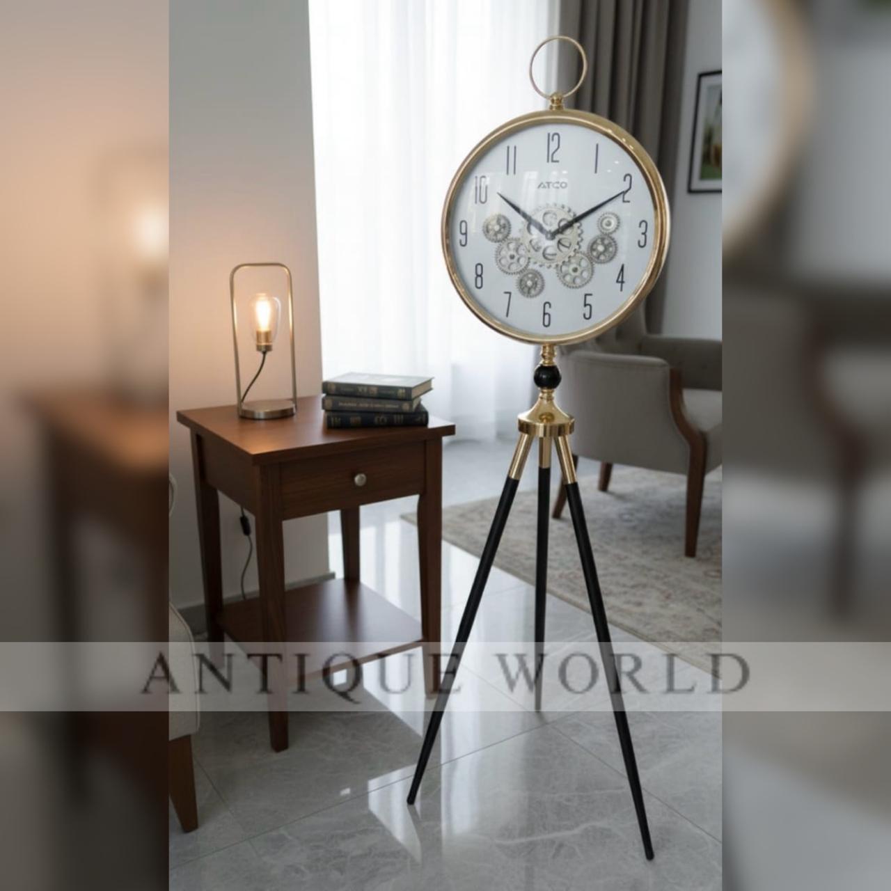 Tripod Floor Clock with a Mechanical Gear Design