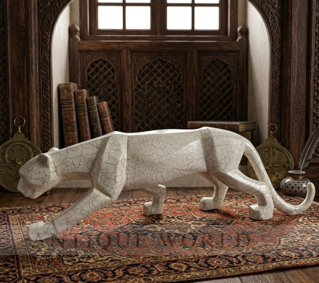 Geometric Crackle-Finish Panther Sculpture