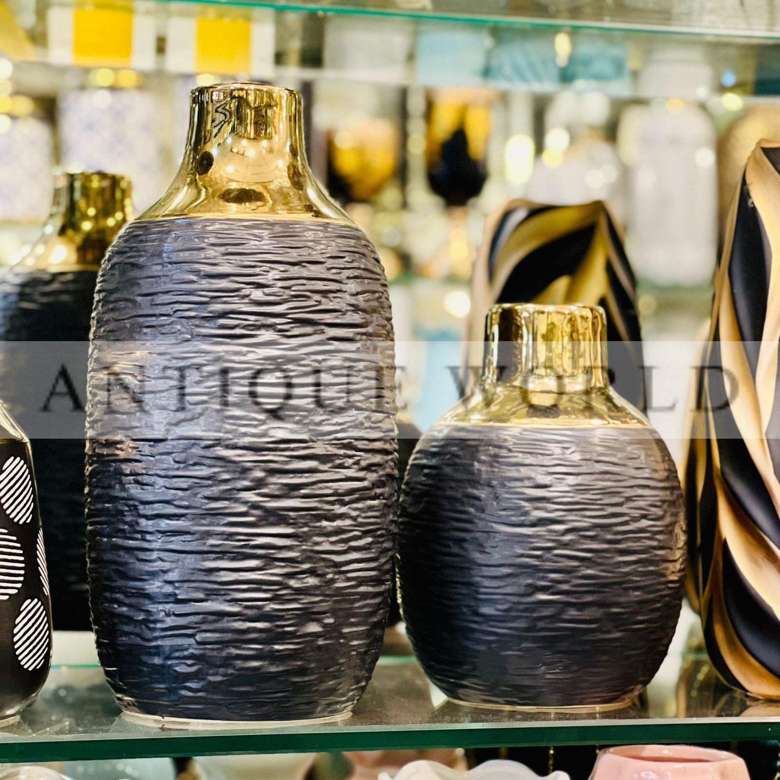 Black Ceramic Vase with Golden Rim Set of 2