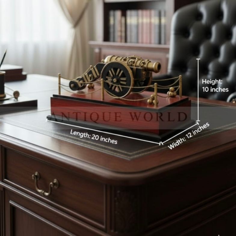 Decorative Antique-Style Brass Cannon Model on Wooden Base