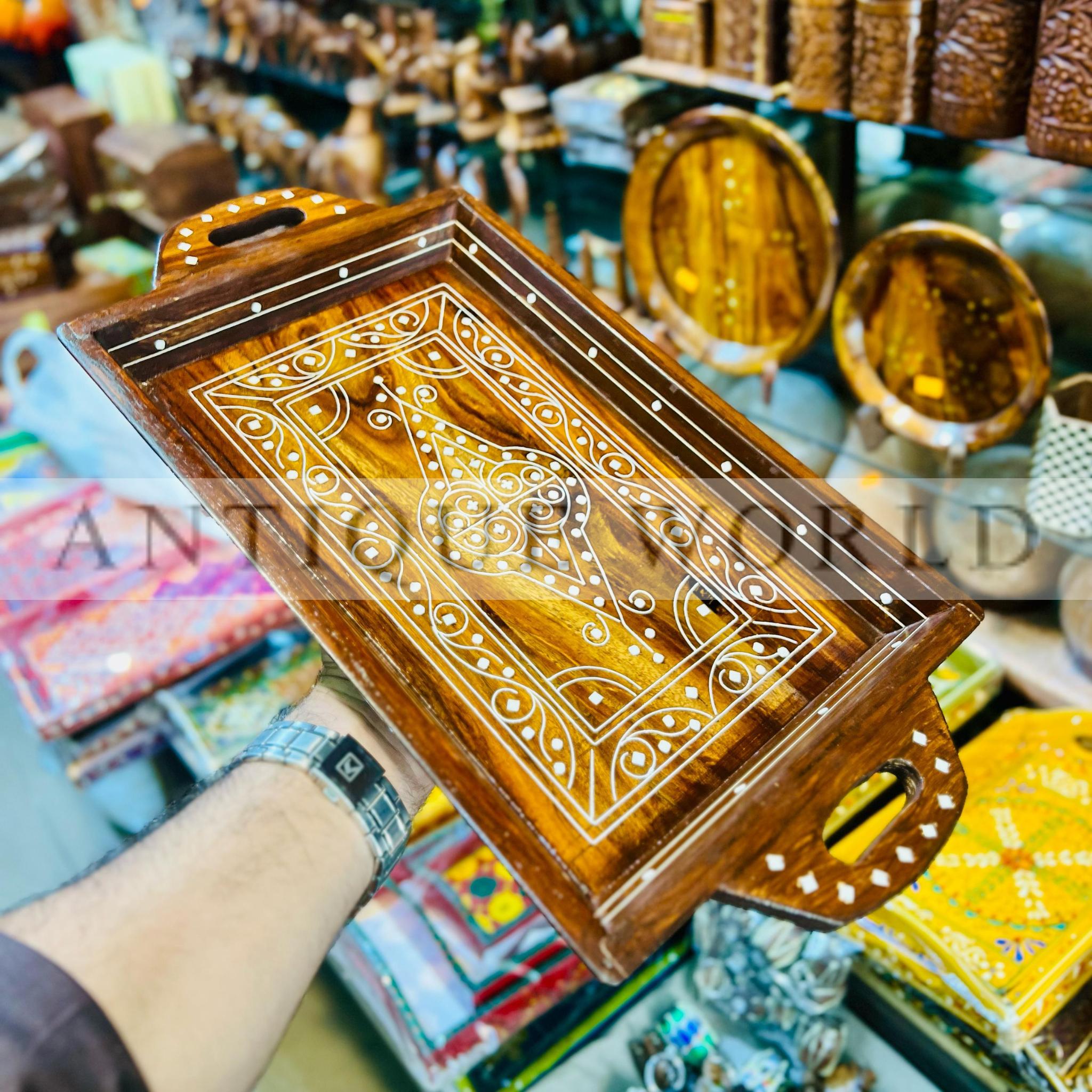 Solid Wood Tray with White Inlay Naqshi Work