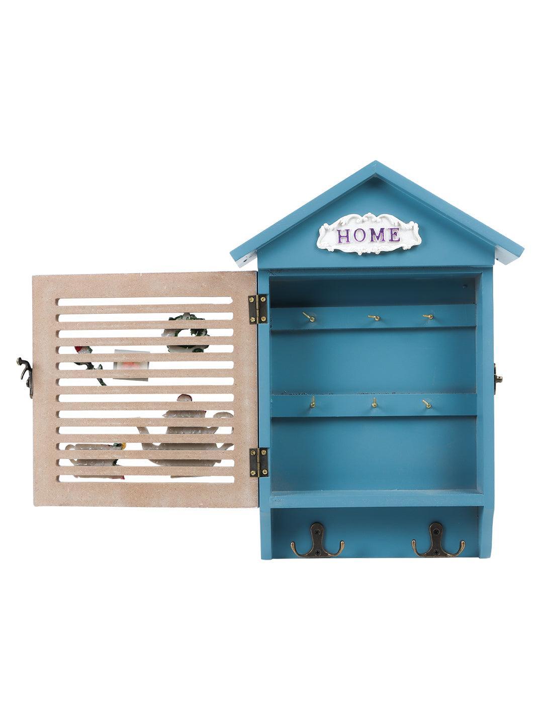 Blue & White Wood House Shaped Key Box Organiser