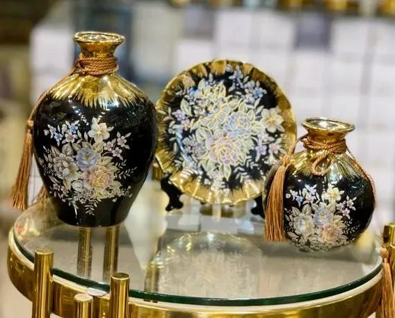 Antique Floral Ceramic Vase Set with Plate (Set of 3)