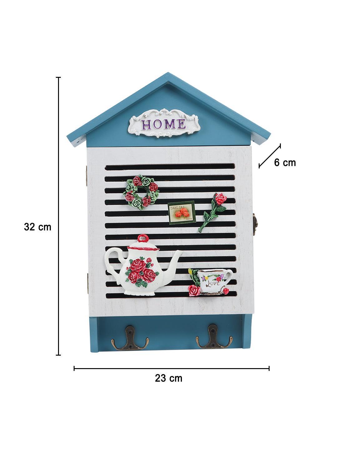 Blue & White Wood House Shaped Key Box Organiser