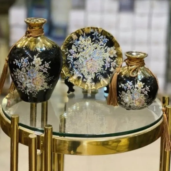 Antique Floral Ceramic Vase Set with Plate (Set of 3)