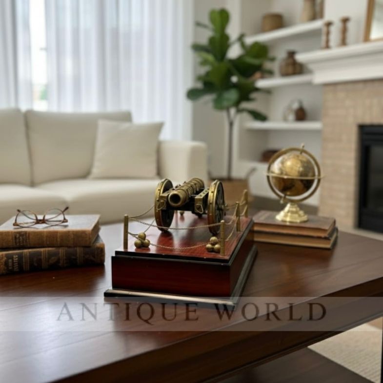 Decorative Antique-Style Brass Cannon Model on Wooden Base