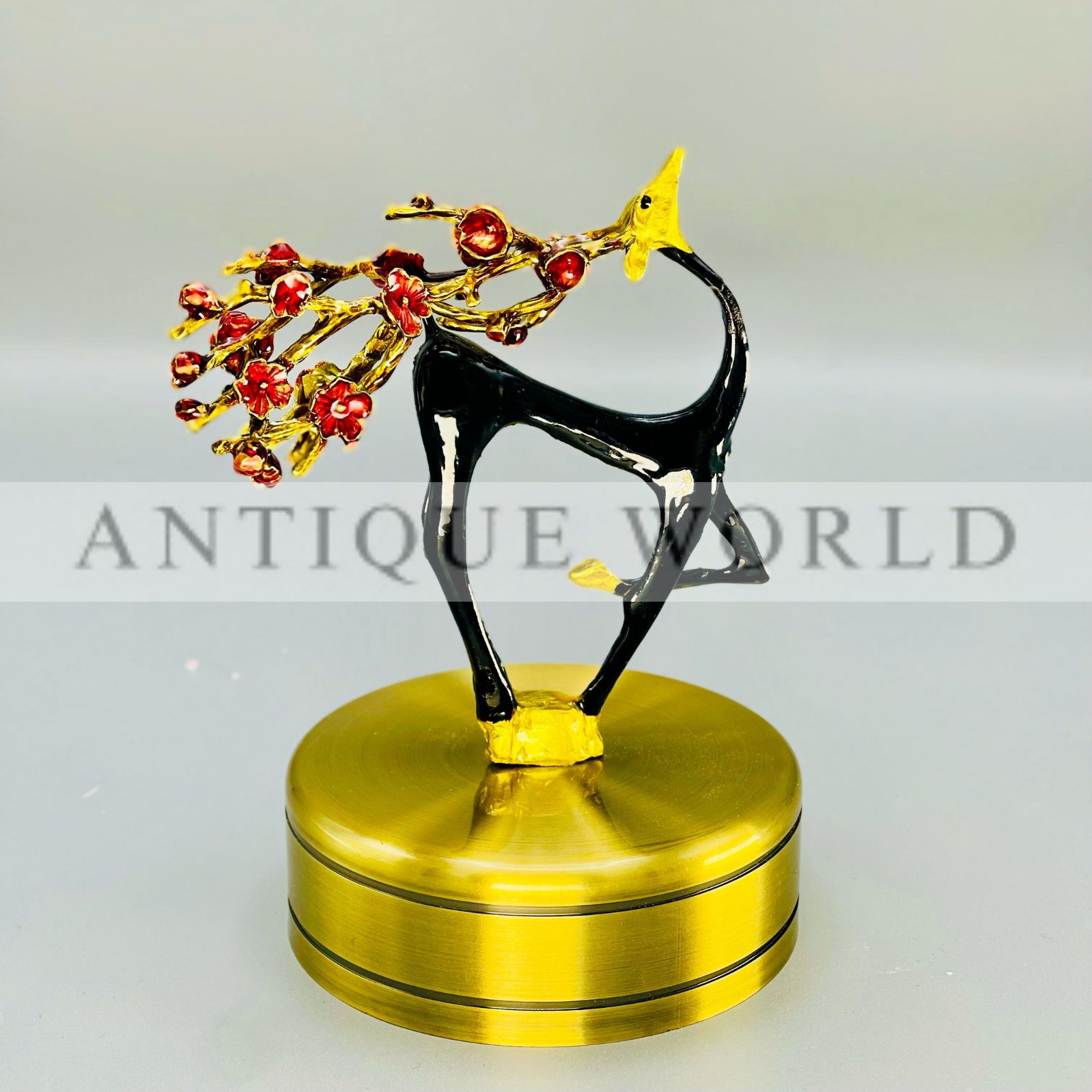 Handcrafted Black and Gold Deer Figurine with Floral Branches