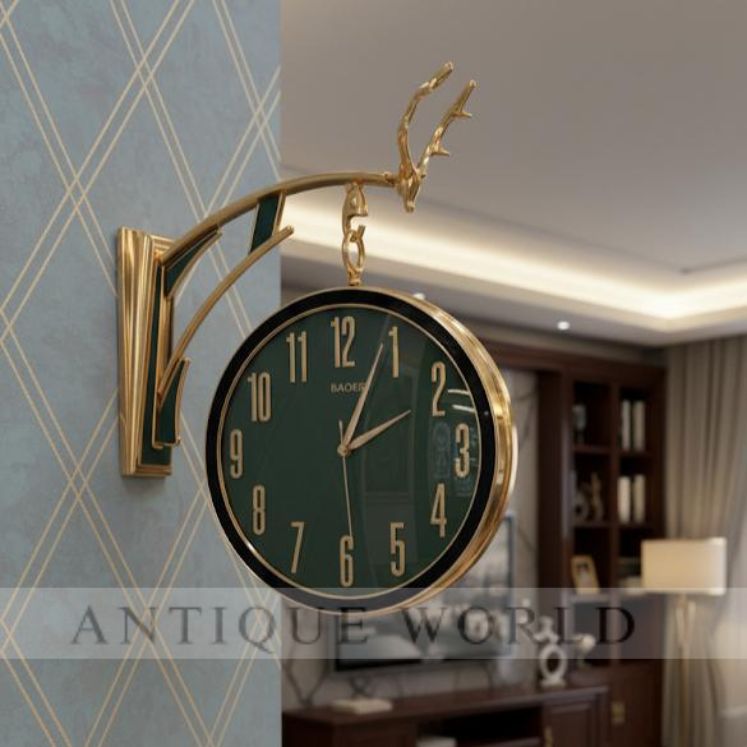 Luxury Deer Head Round Wall Hanging Double Sided Retro Station Wall Clock