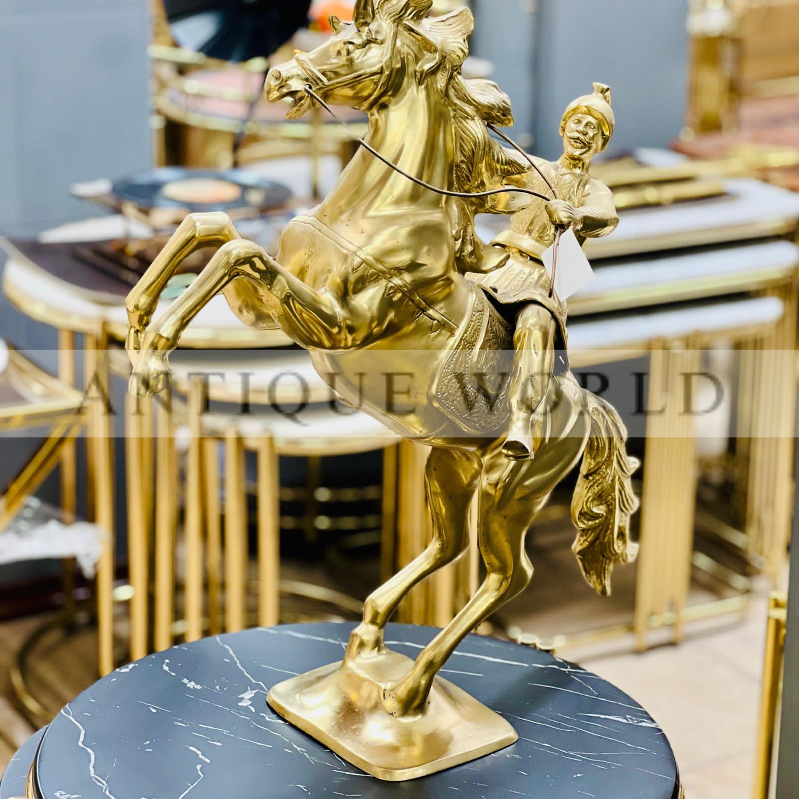 Antique Style Brass Rearing Horse with Rider