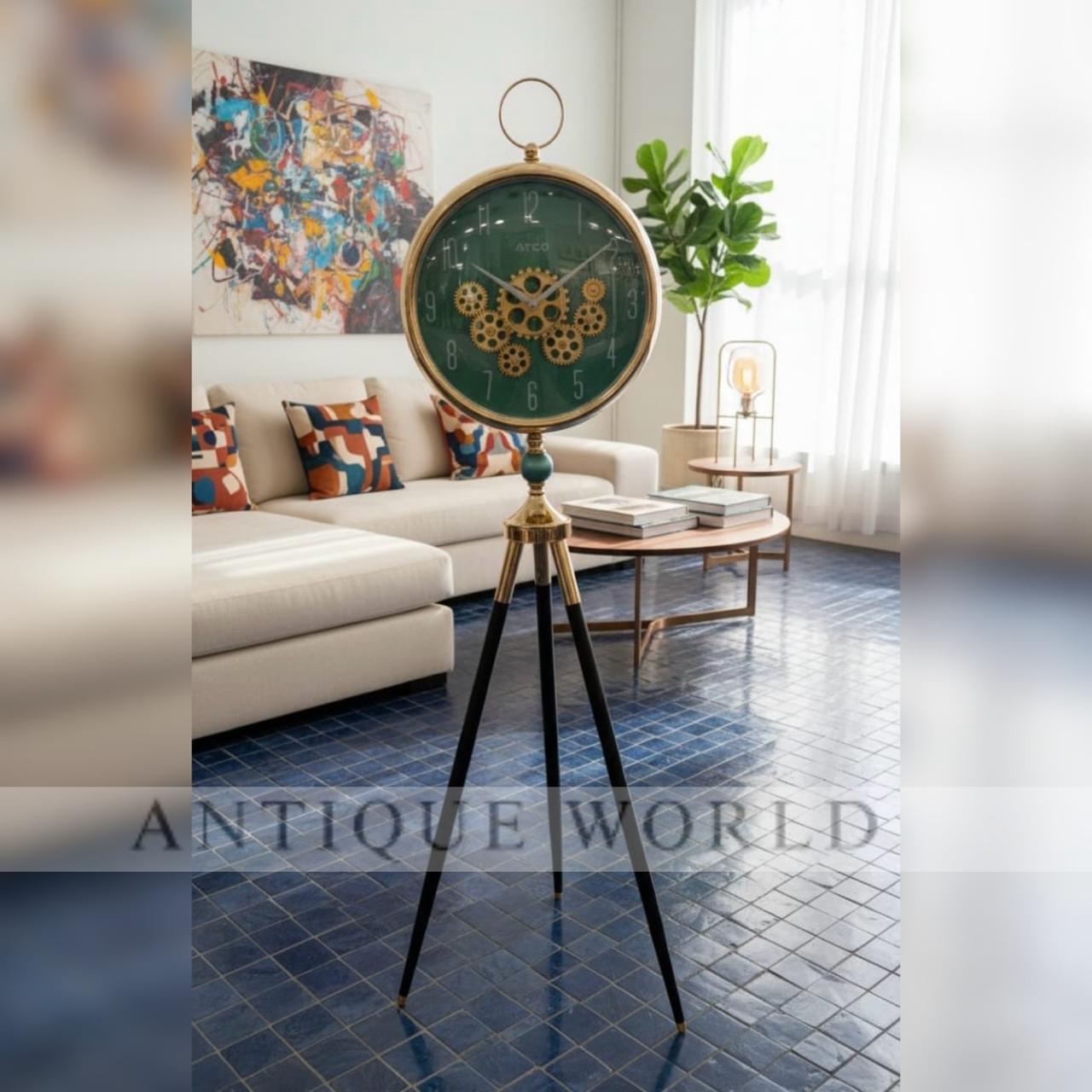 Tripod Floor Clock with a Mechanical Gear Design