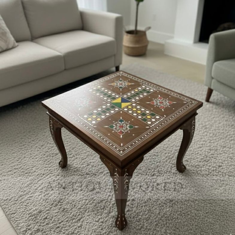 Artisanal Wooden Ludo Table with Cabriole Legs