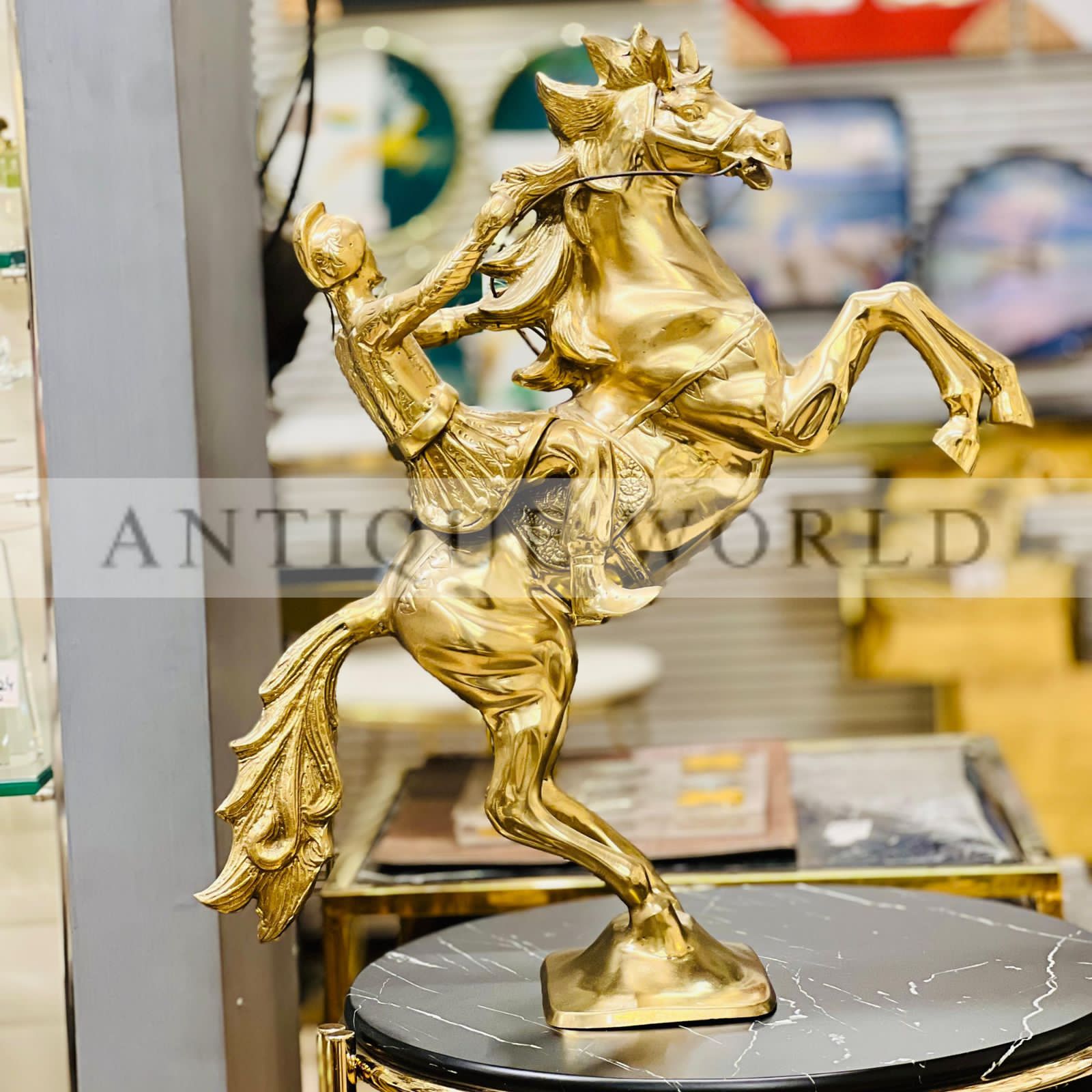 Antique Style Brass Rearing Horse with Rider