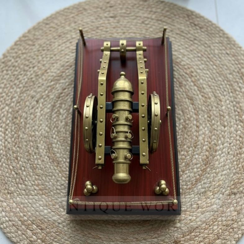 Decorative Antique-Style Brass Cannon Model on Wooden Base