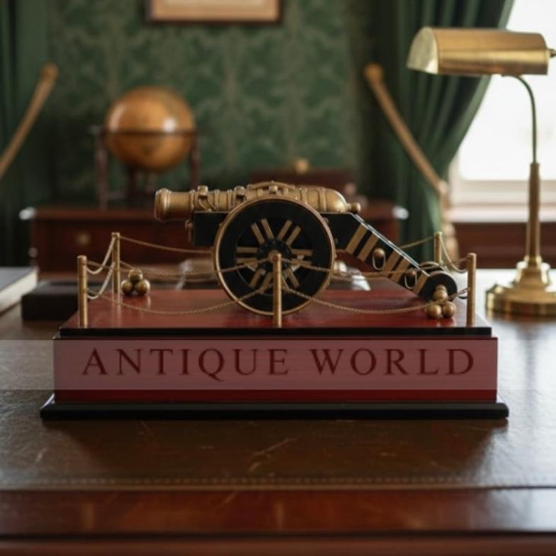 Decorative Antique-Style Brass Cannon Model on Wooden Base