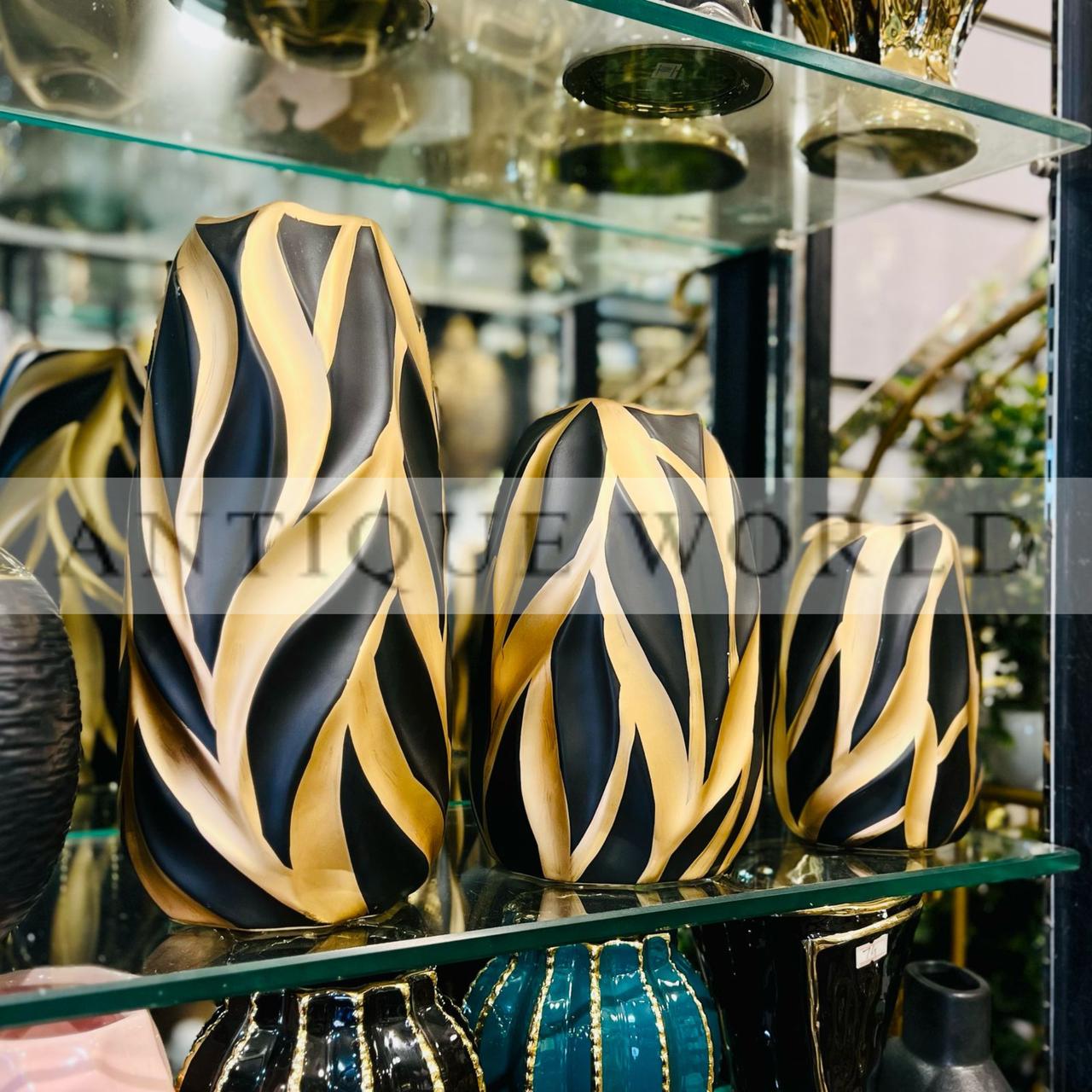 Iris Black & Gold Carved Vase Set of 3