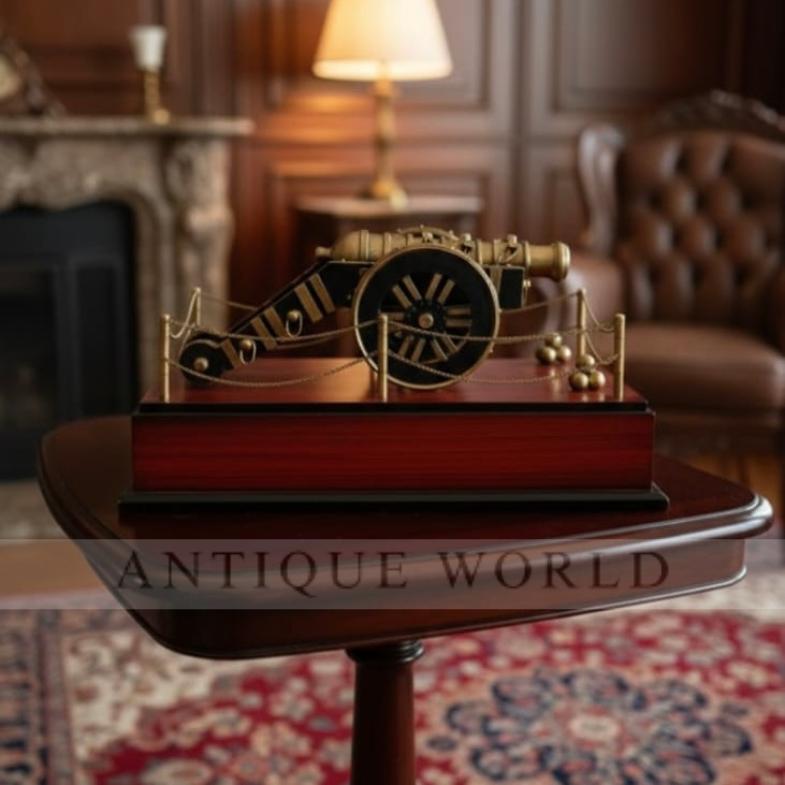Decorative Antique-Style Brass Cannon Model on Wooden Base